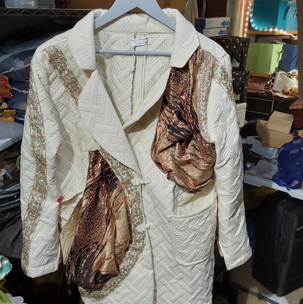 - Lightweight beige and copper brocade part upcycled .mid thigh length